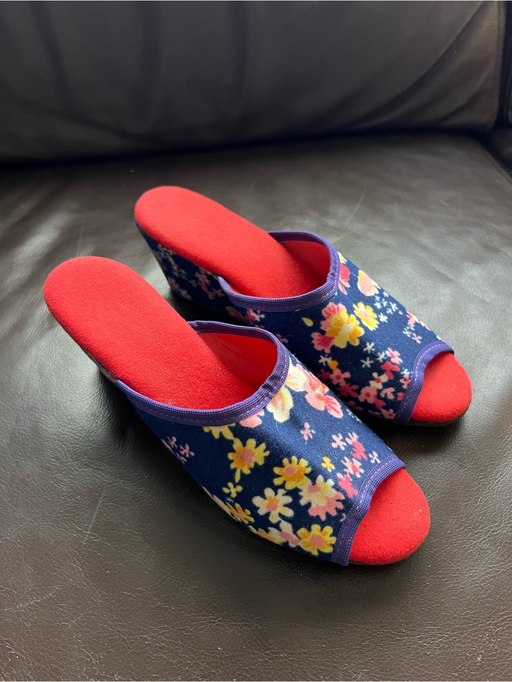 Vintage Befado Polish Floral Open Toe Wedge Slippers Mules Made in Poland